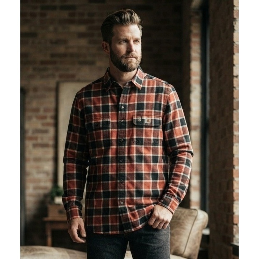 Carhartt Hubbard Original Fit Plaid Flannel Shirt Men's L Tall Red Black Cowboy